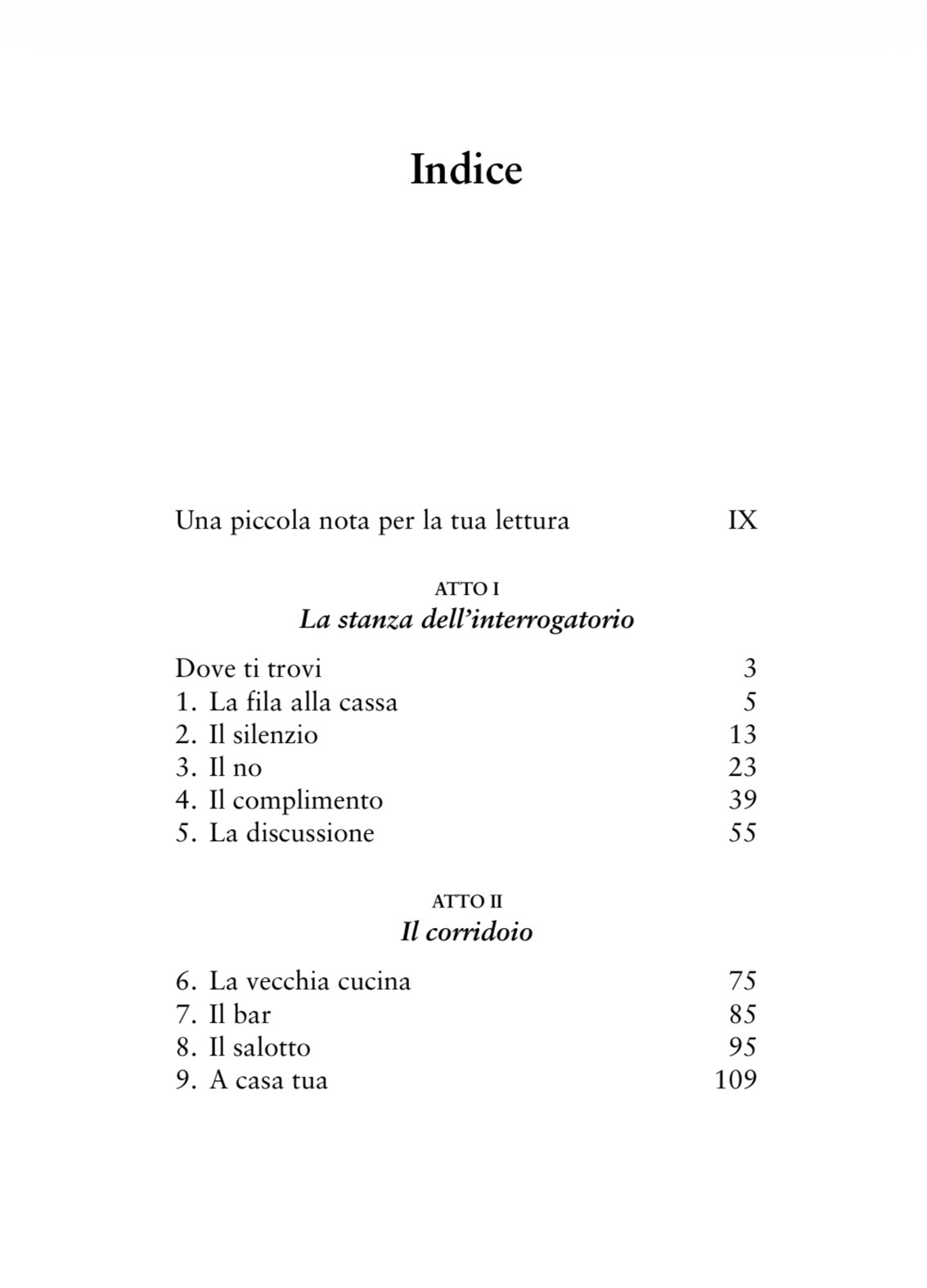 Indice del libro, prima parte: atto primo e atto secondo